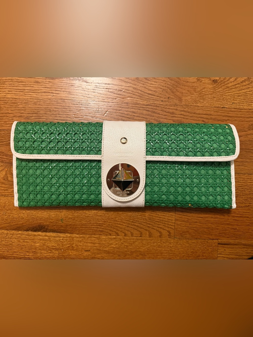 Kate Spade Green Woven Clutch with Cream Trim and Turn-Lock